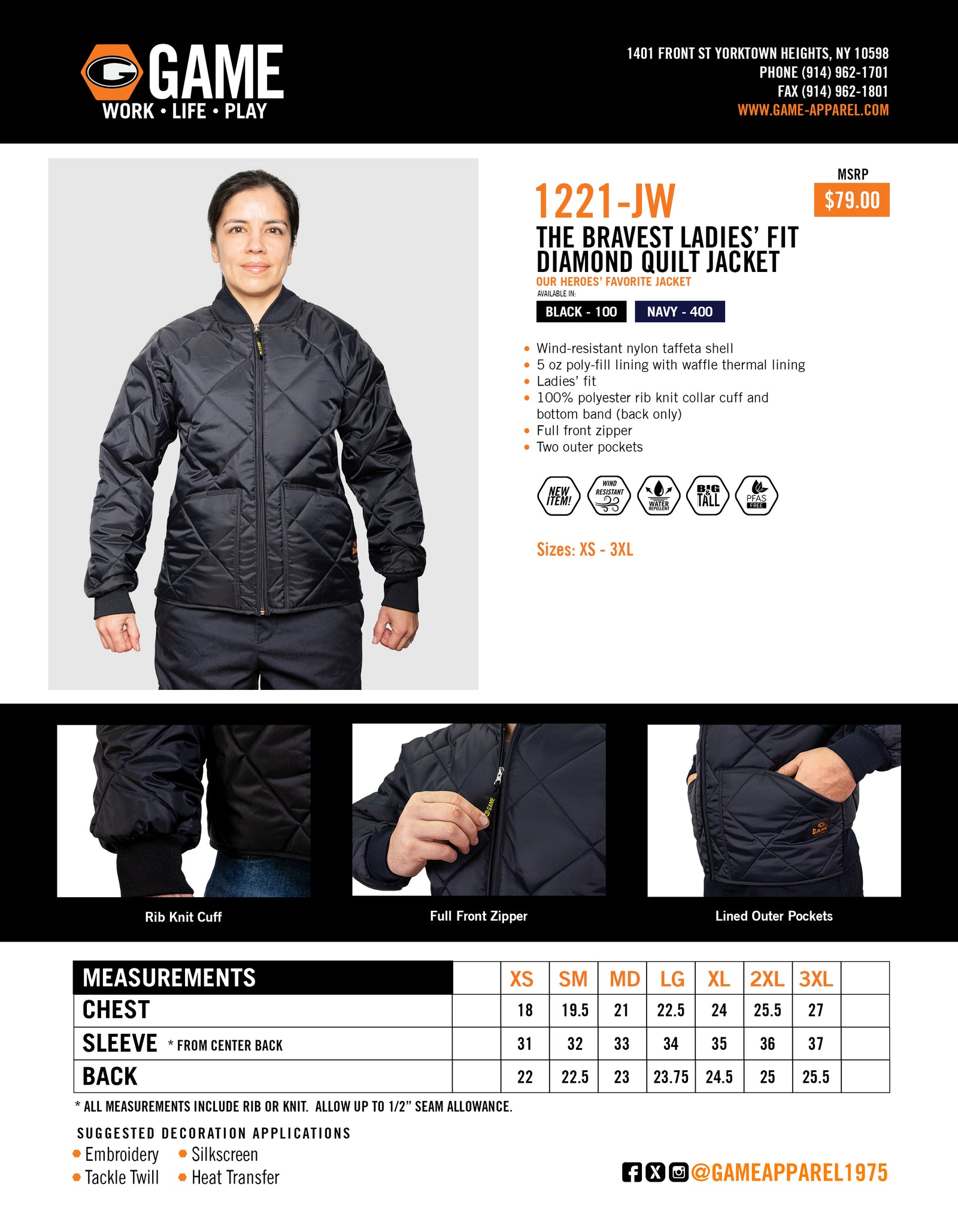 1221-JW - THE BRAVEST LADIES' FIT DIAMOND QUILT JACKET spec sheet