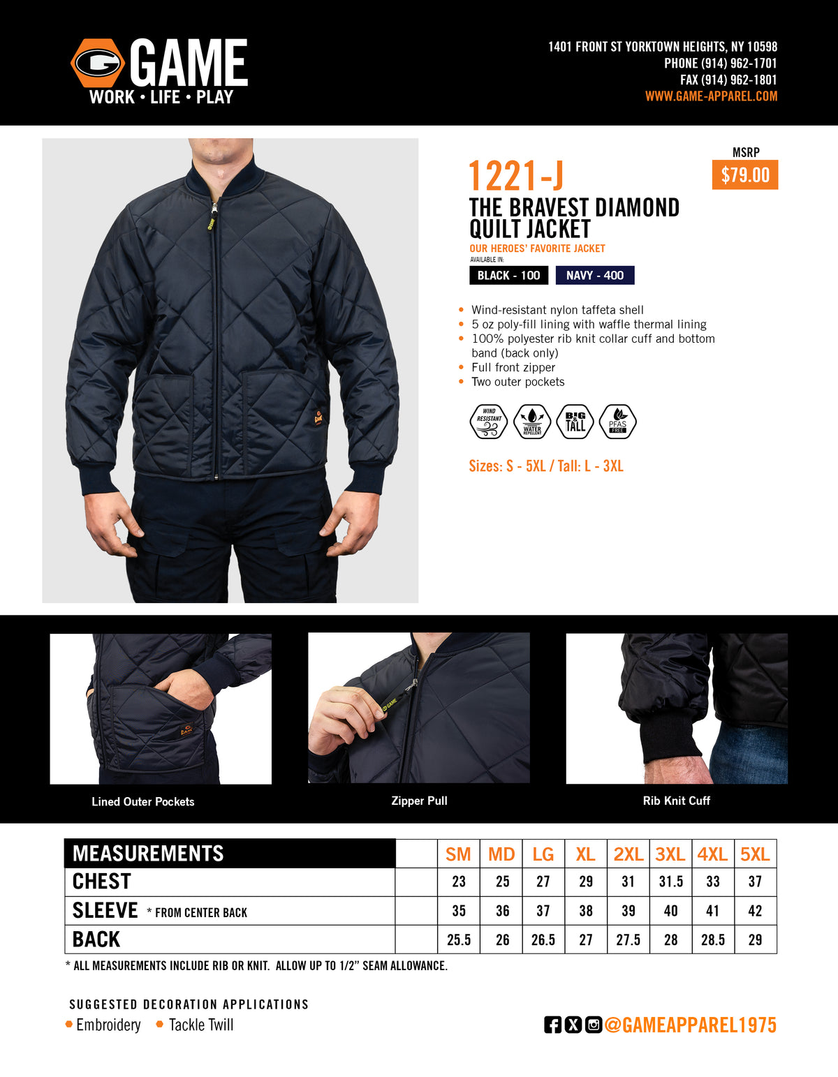 1221-J - THE BRAVEST DIAMOND QUILT JACKET spec sheet