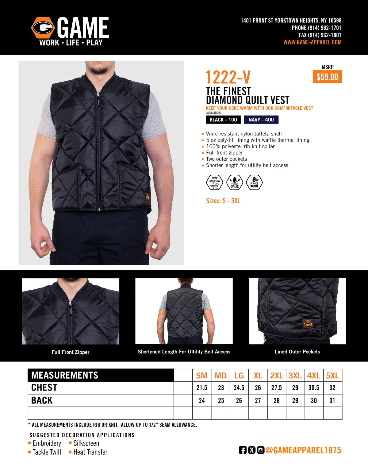 1222-V - THE FINEST DIAMOND QUILTED VEST spec sheet