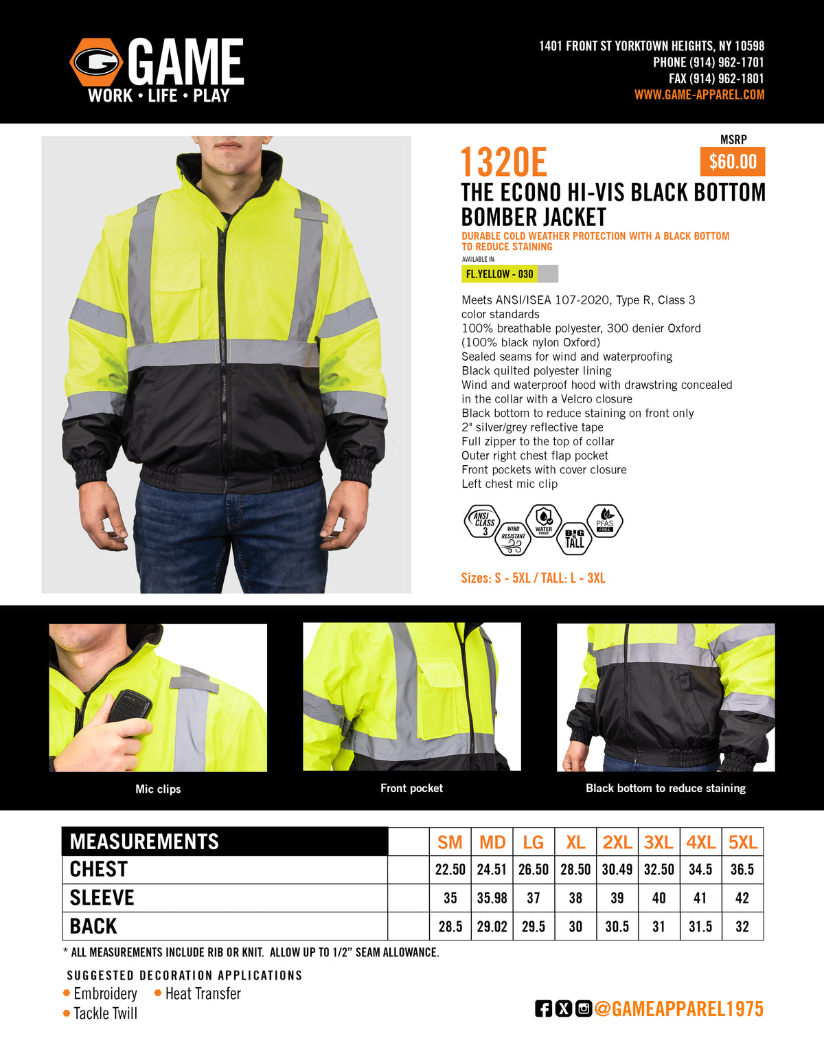 1320E - THE ECONO HI-VIS BLACK BOTTOM BOMBER JACKET spec sheet