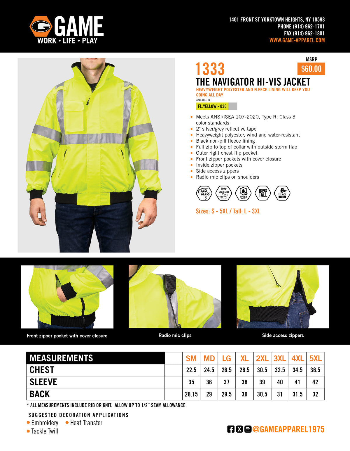 1333 - THE NAVIGATOR HI-VIS JACKET spec sheet