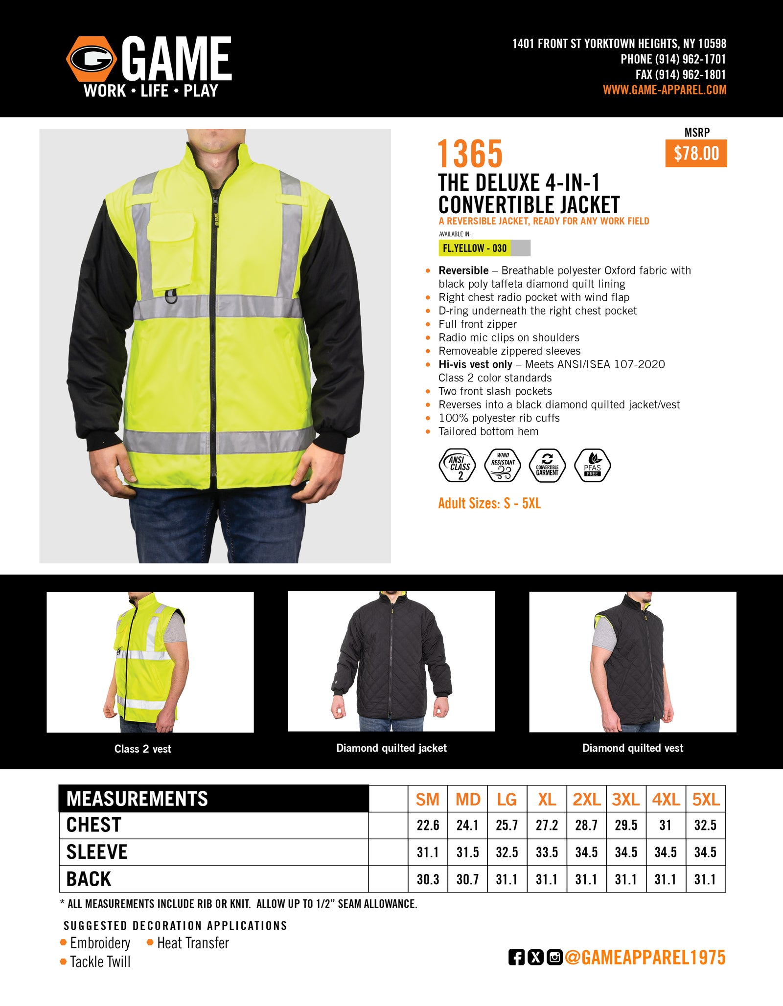 1365 - THE DELUXE 4-IN-1 CONVERTIBLE HI-VIS JACKET spec sheet