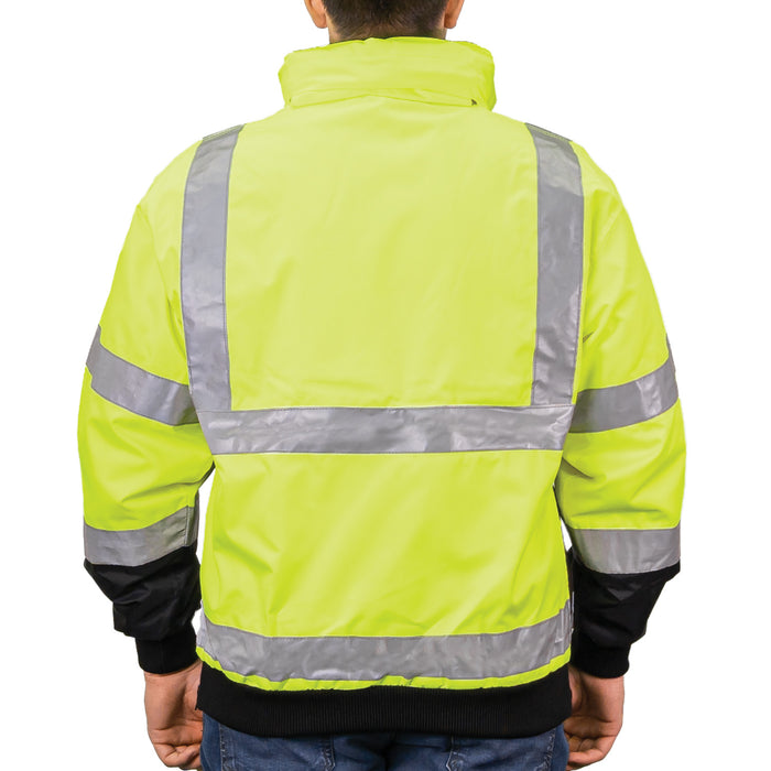 1370 - THE MUNICIPALITY HI-VIS  BOMBER JACKET WITH HIDEAWAY HOOD, back