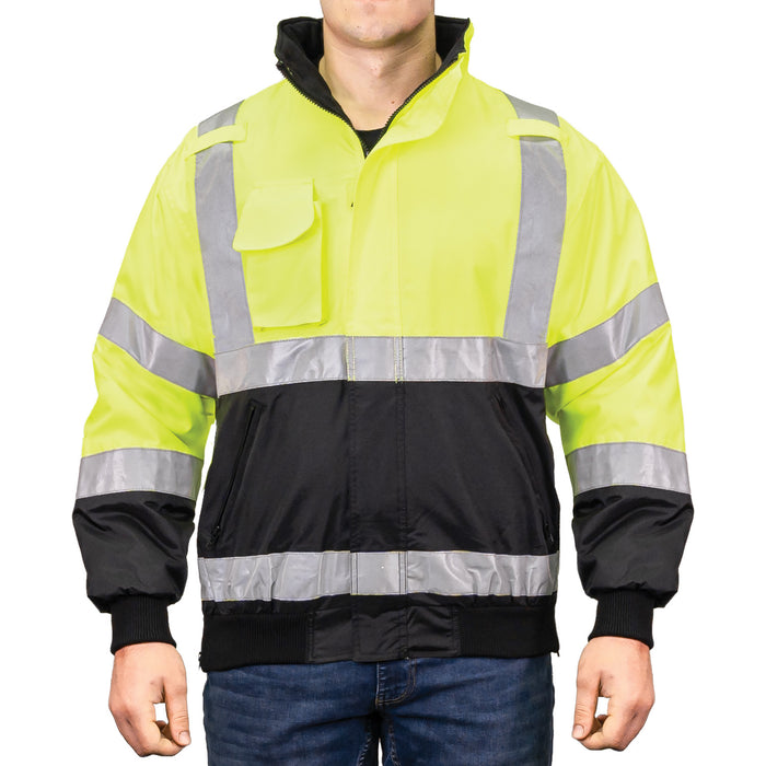 1370 - THE MUNICIPALITY HI-VIS  BOMBER JACKET WITH HIDEAWAY HOOD, front