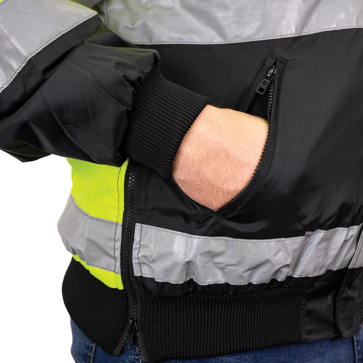 1370 - THE MUNICIPALITY HI-VIS  BOMBER JACKET WITH HIDEAWAY HOOD