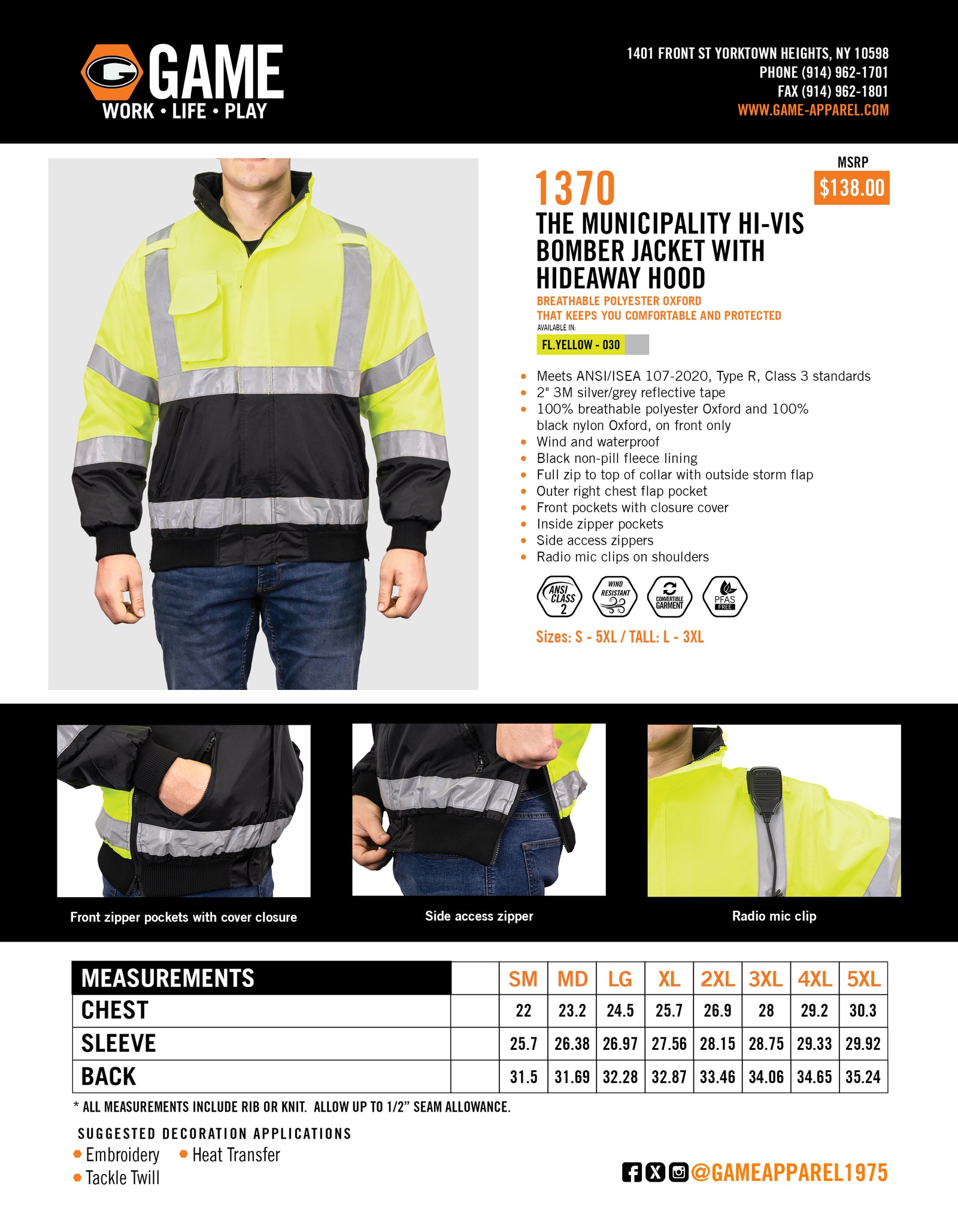 1370 - THE MUNICIPALITY HI-VIS  BOMBER JACKET WITH HIDEAWAY HOOD spec sheet