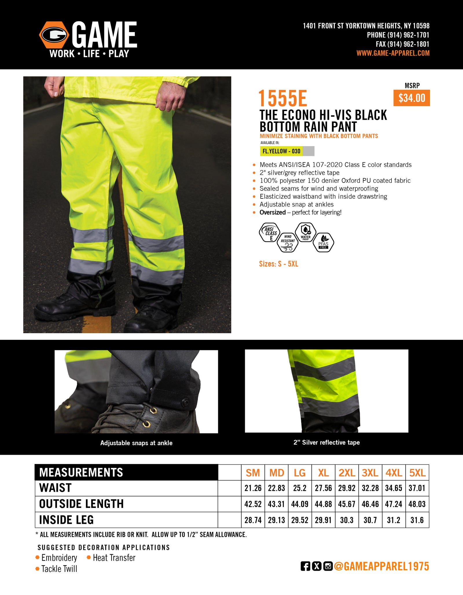 1555E - THE ECONO HI-VIS BLACK BOTTOM RAIN PANT spec sheet