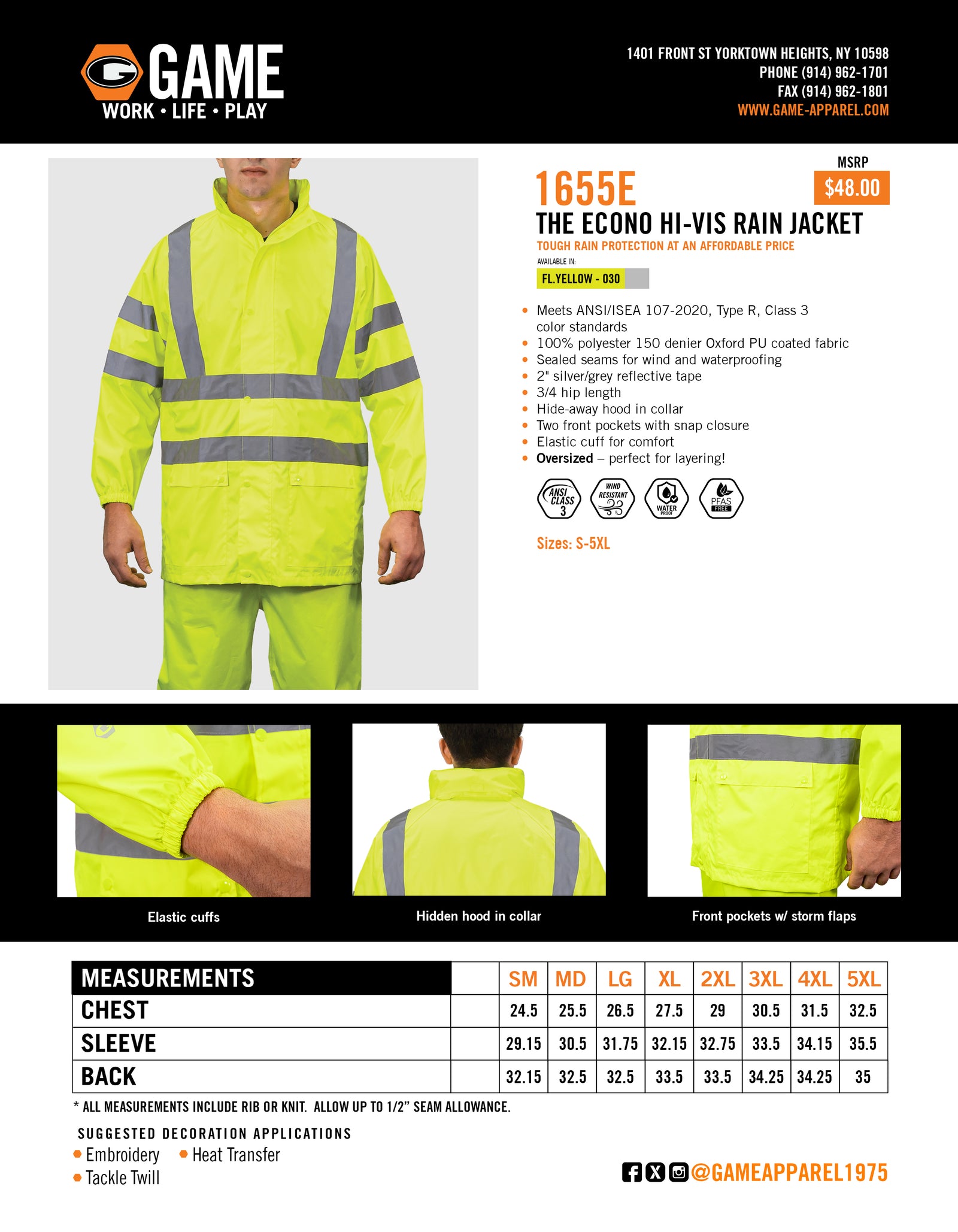 1655E - THE ECONO HI-VIS RAIN JACKET spec sheet