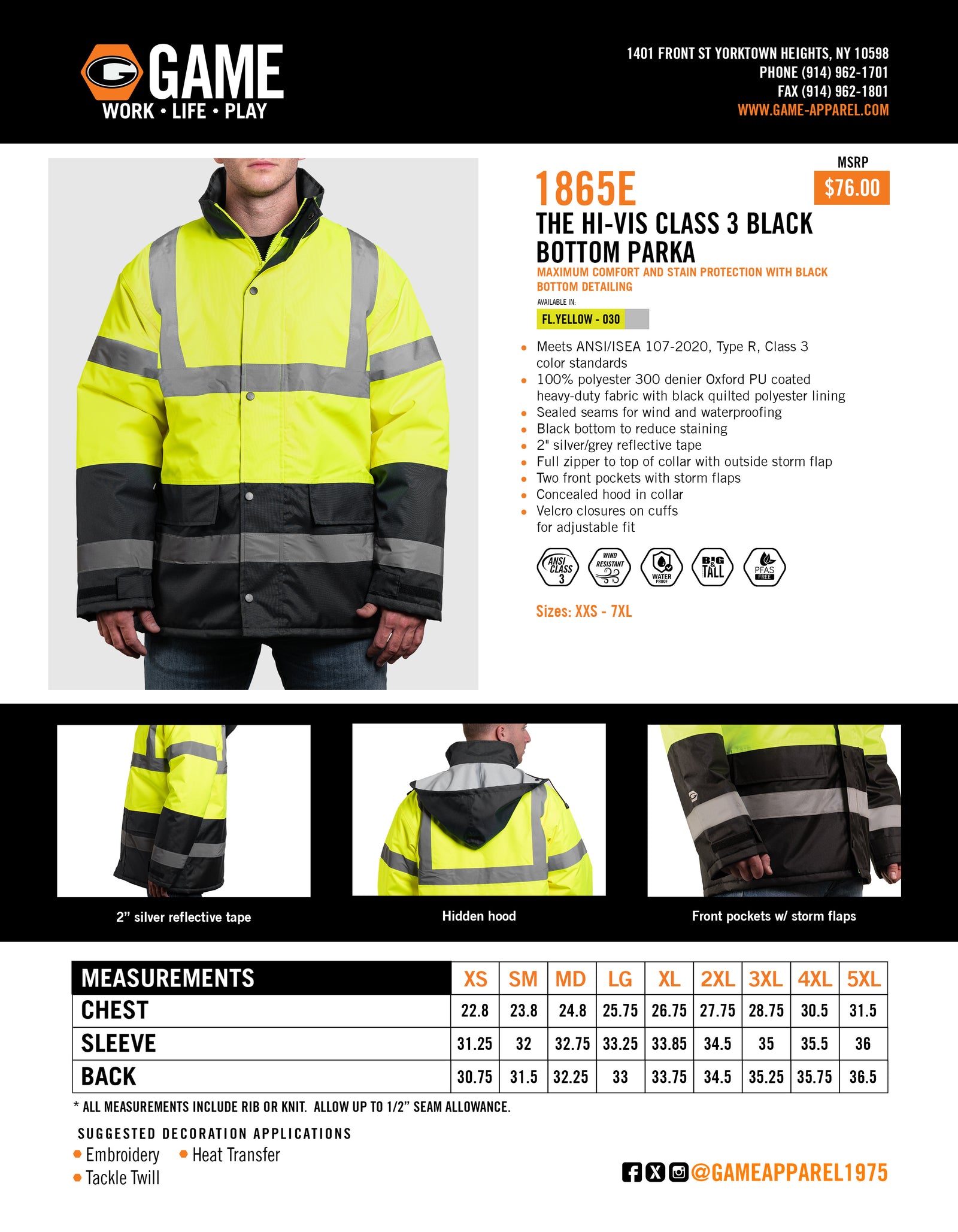 1865E - THE HI-VIS CLASS 3 BLACK BOTTOM PARKA spec sheet