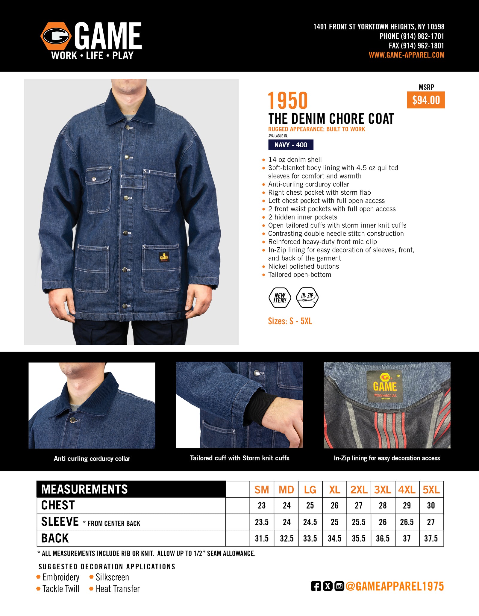 1950 - THE DENIM CHORE COAT spec sheet