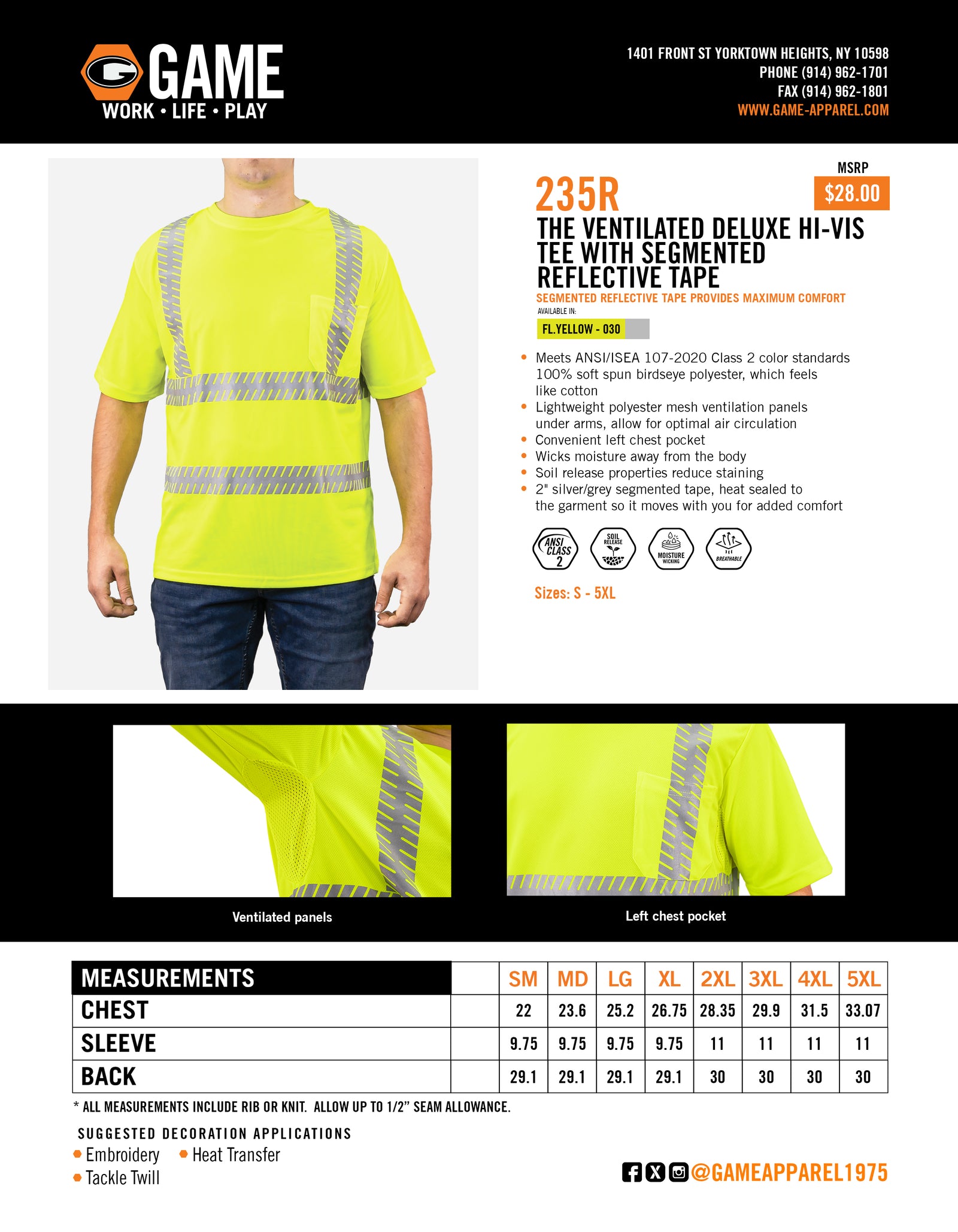 235R - THE VENTILATED DELUXE HI-VIS TEE WITH SEGMENTED REFLECTIVE TAPE spec sheet