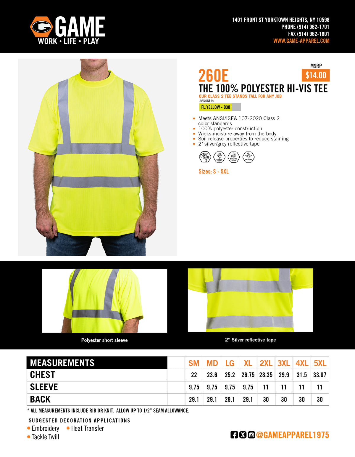 260E - THE 100% POLYESTER HI-VIS TEE spec sheet