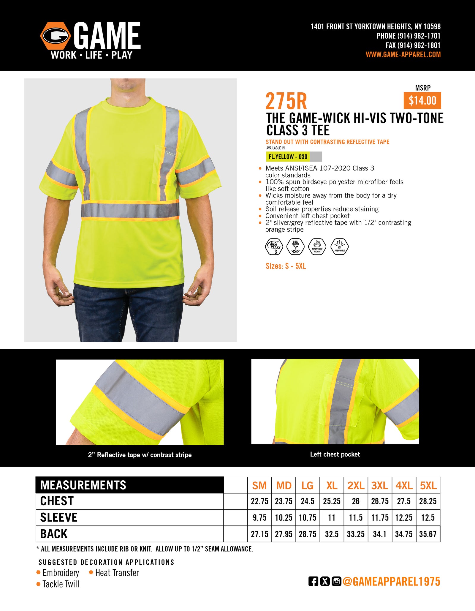 275R - THE GAME-WICK HI-VIS TWO-TONE CLASS 3 TEE spec sheet