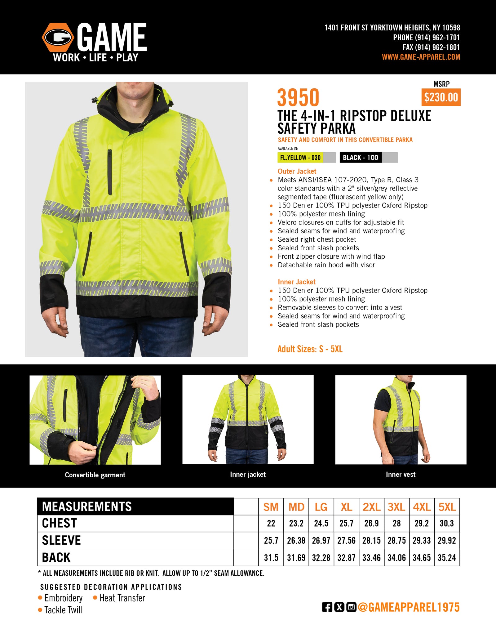 3950 - THE 4-IN-1 RIPSTOP DELUXE SAFETY PARKA spec sheet