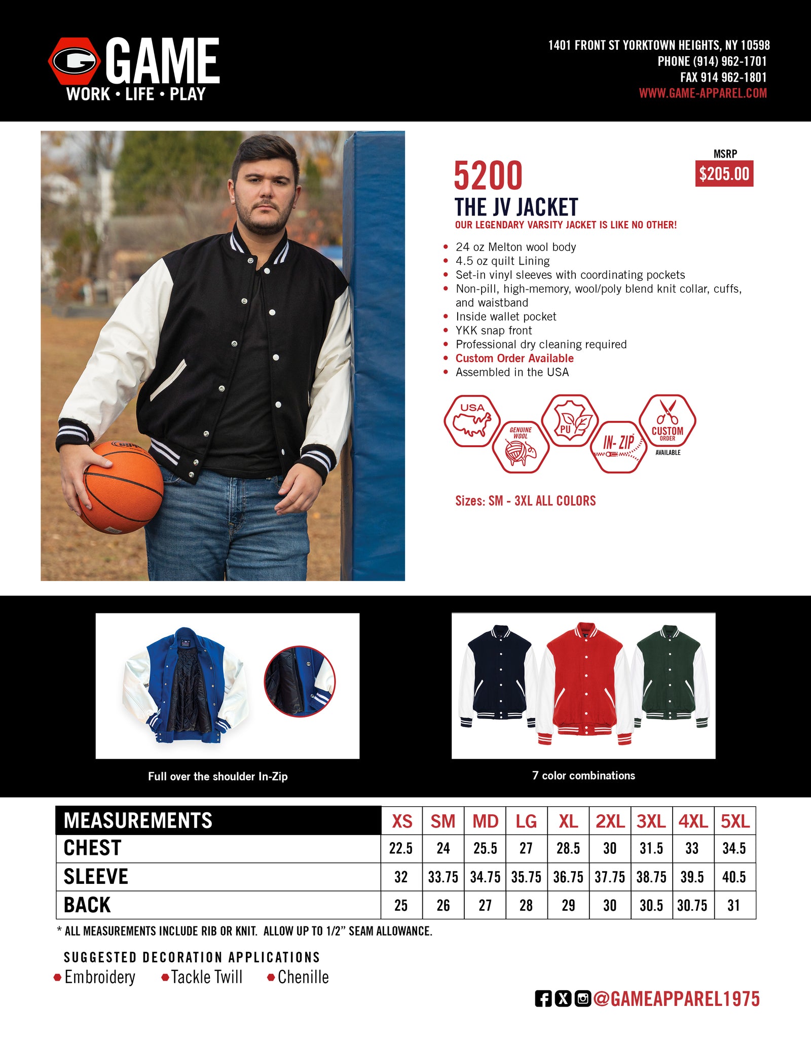 5200 - THE JV VARSITY JACKET spec sheet