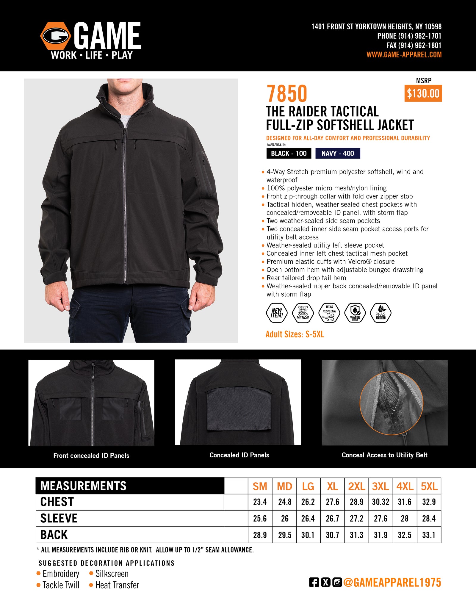 7850 - THE RAIDER TACTICAL FULL ZIP SOFTSHELL JACKET spec sheet