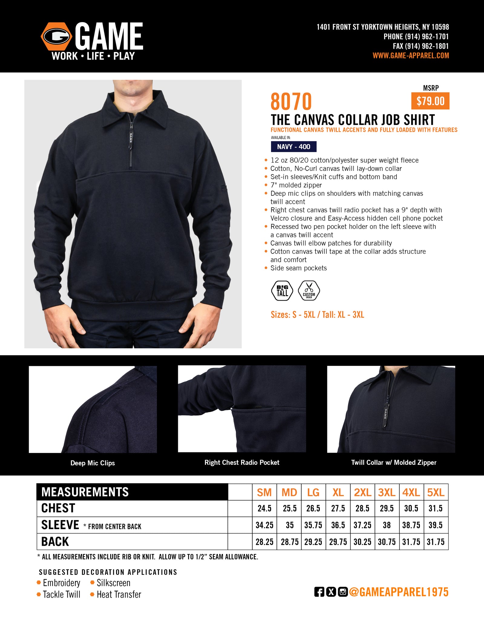 8070 - THE CANVAS COLLAR JOB SHIRT spec sheet