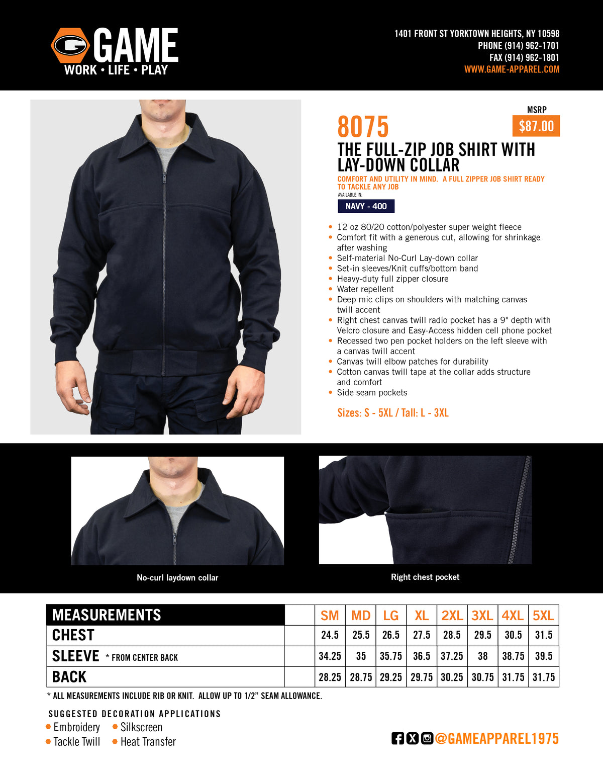 8075 - THE FULL ZIP JOB SHIRT WITH LAY-DOWN COLLAR spec sheet
