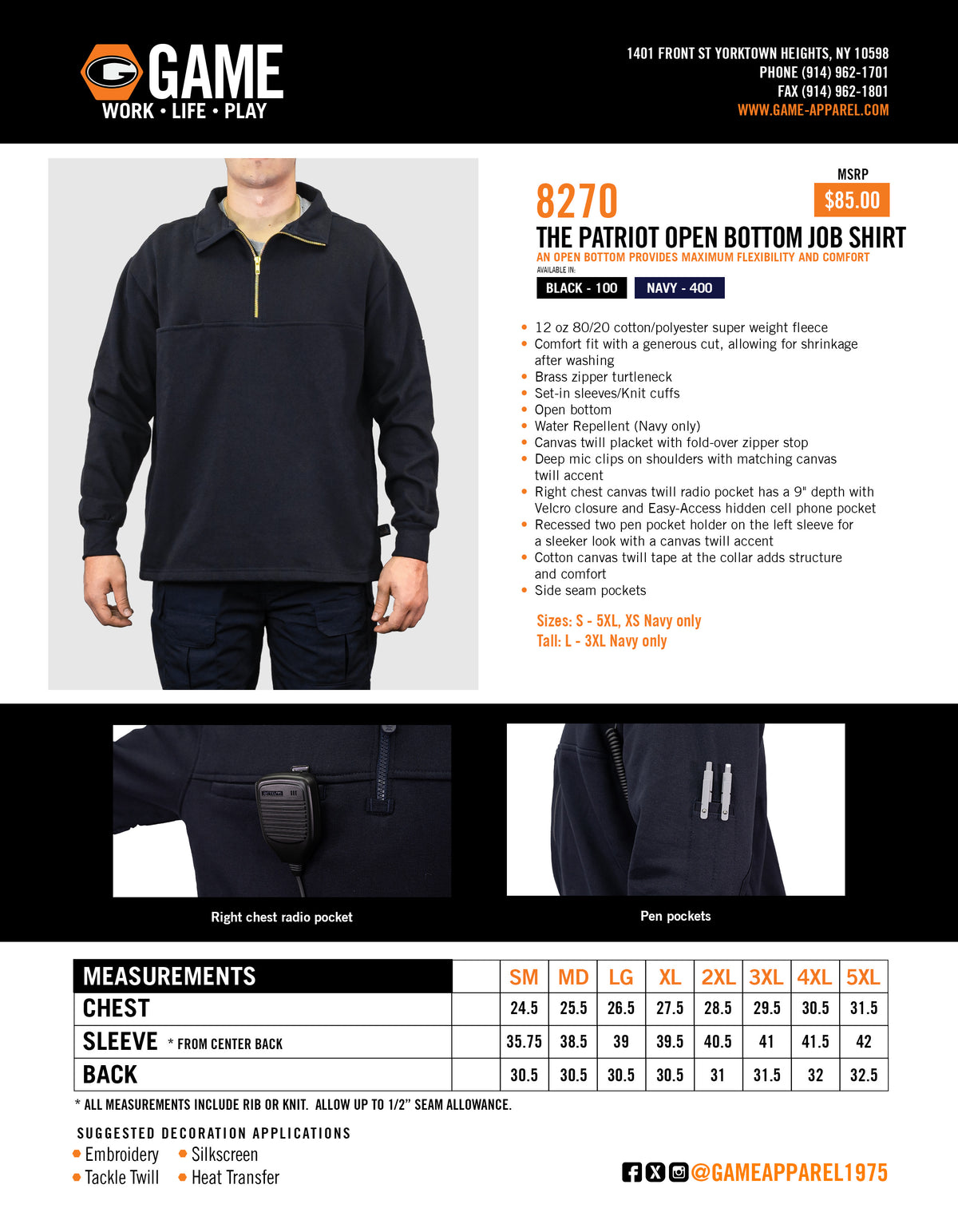 8270 - THE PATRIOT OPEN BOTTOM JOB SHIRT spec sheet