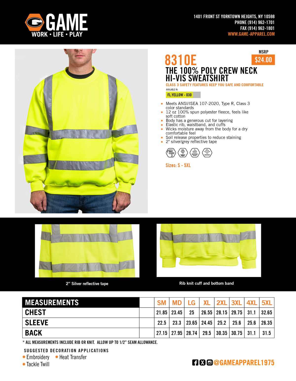 8310E - THE 100% POLY CREWNECK HI-VIS SWEATSHIRT spec sheet
