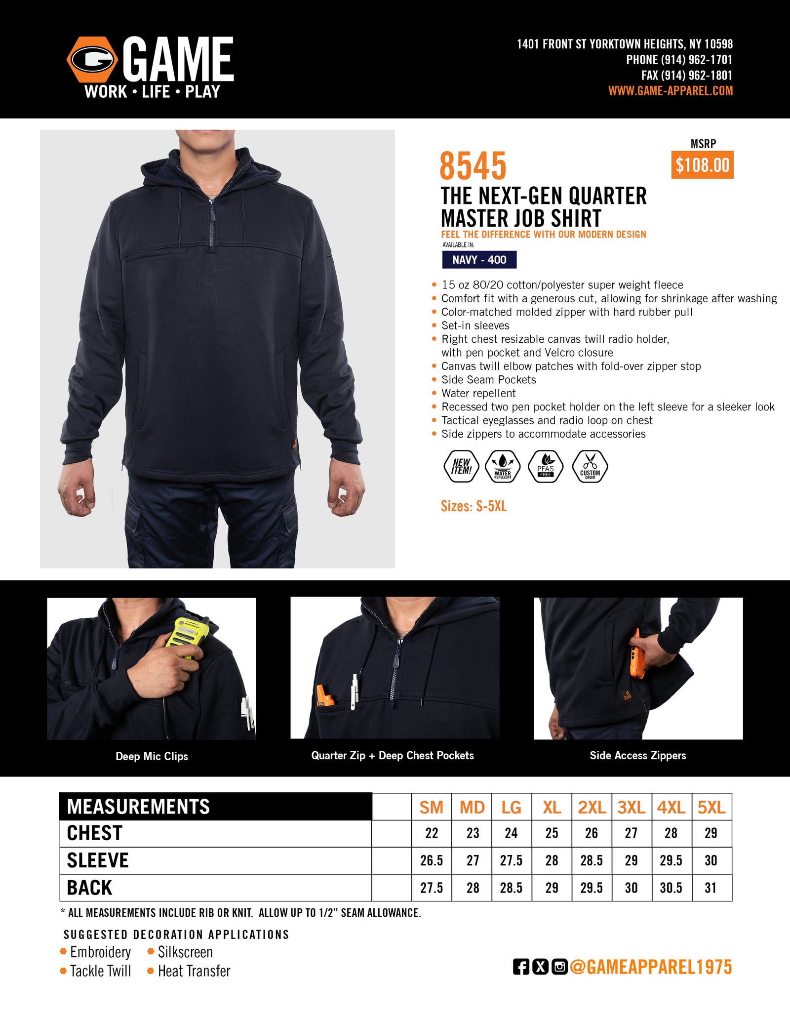8545 – THE NEXT-GEN QUARTER MASTER 1/4 ZIPPED HOODED JOB SHIRT spec sheet