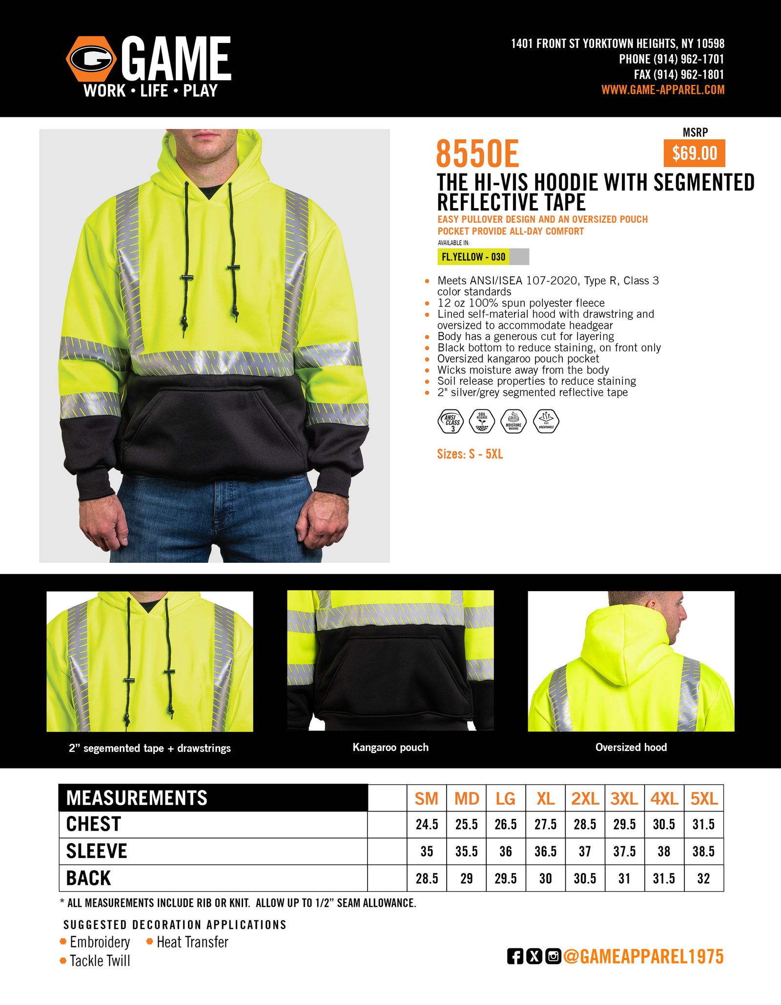 8550E - THE NO ZIPPER ECONO HOODIE WITH SEGMENTED REFLECTIVE TAPE spec sheet