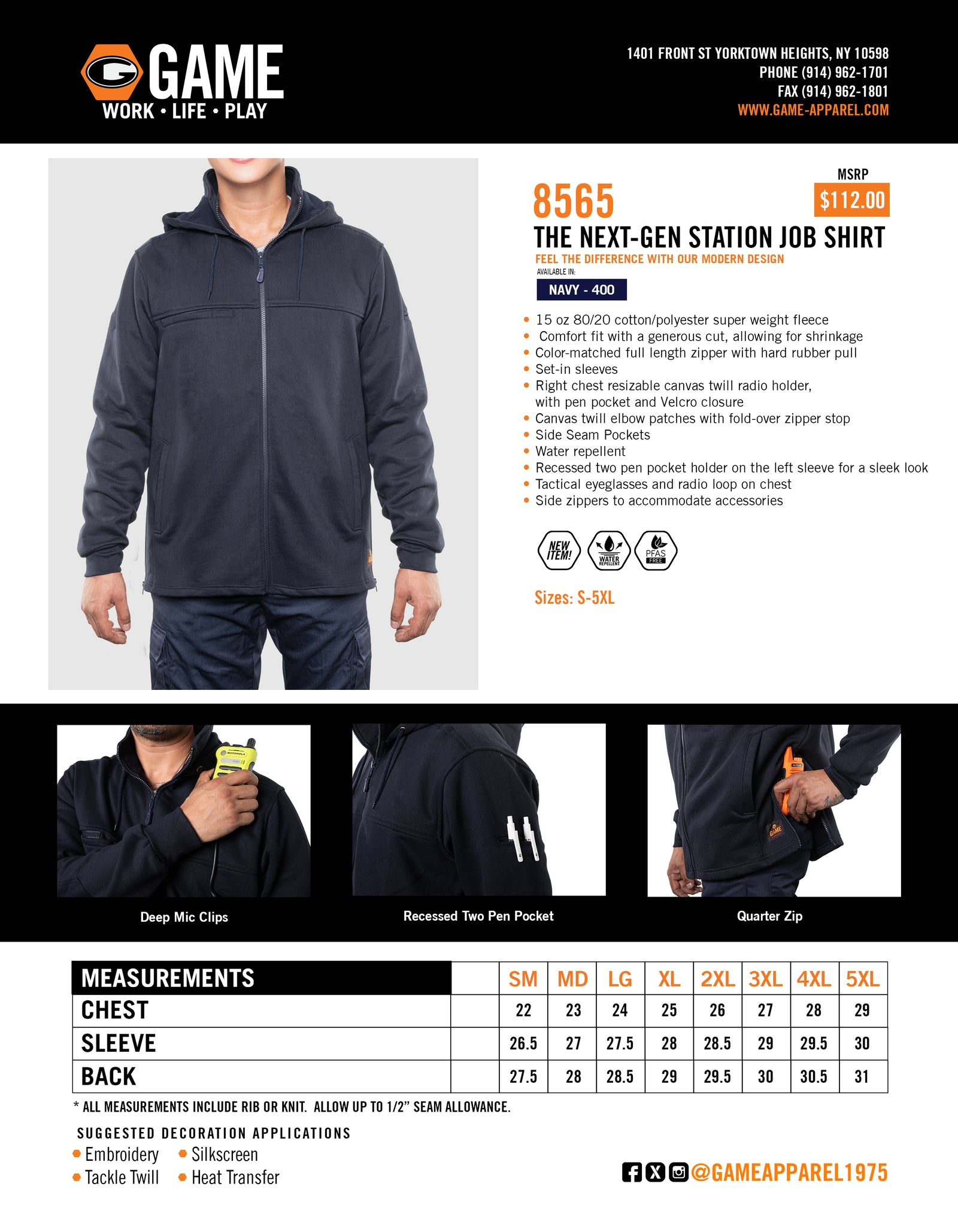 8565 – THE NEXT-GEN STATION FULL-ZIP HOODED JOB SHIRT spec sheet