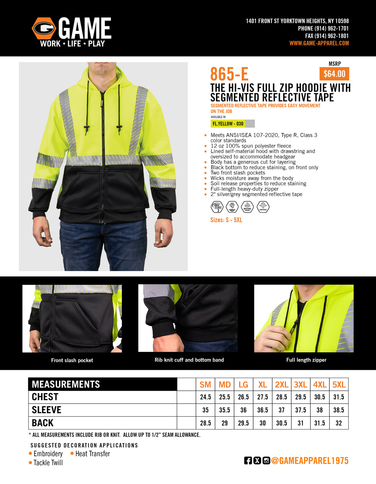 865E - THE HI-VIS FULL ZIP HOODIE WITH SEGMENTED REFLECTIVE TAPE spec sheet