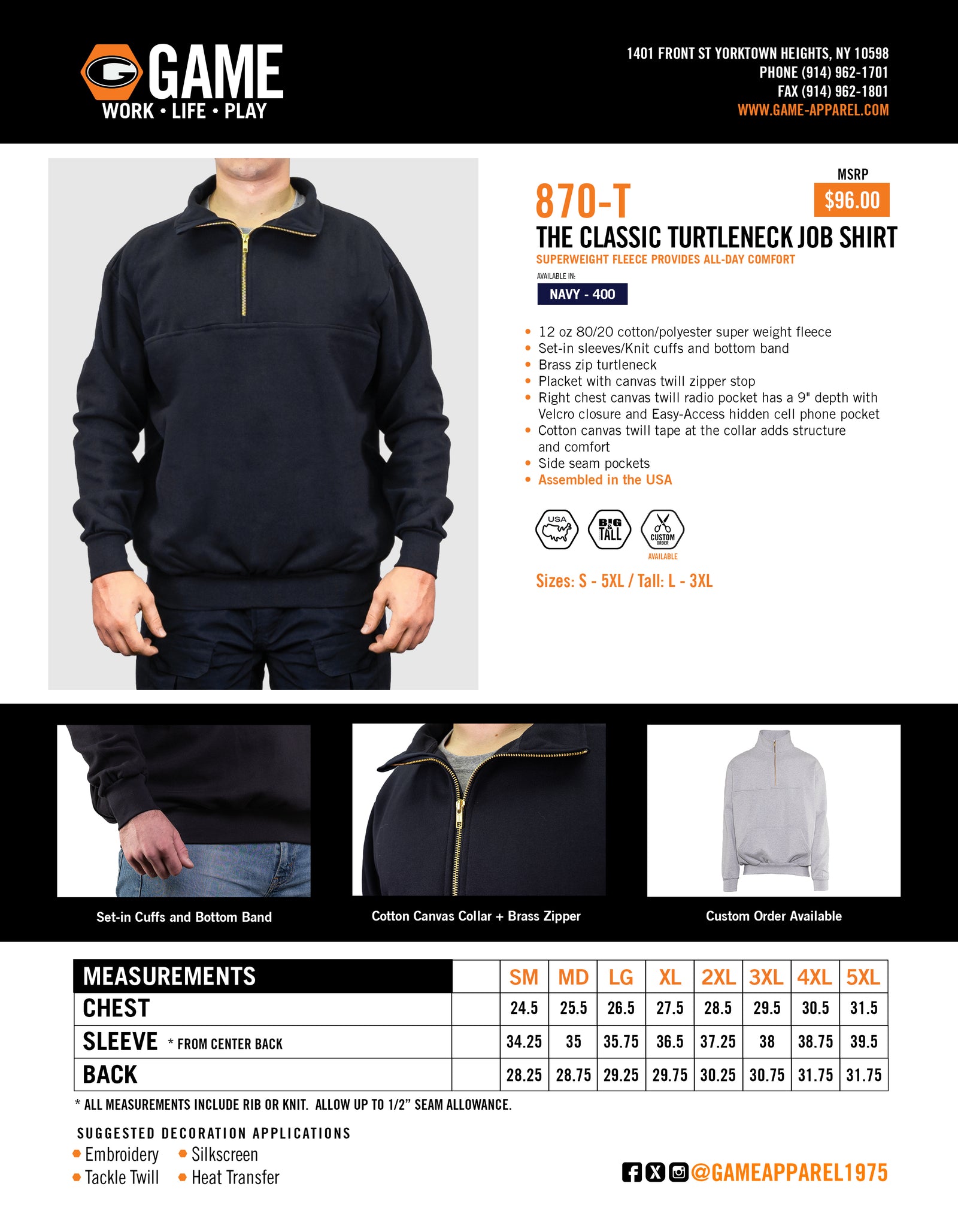 870-T - THE CLASSIC TURTLENECK JOB SHIRT spec sheet