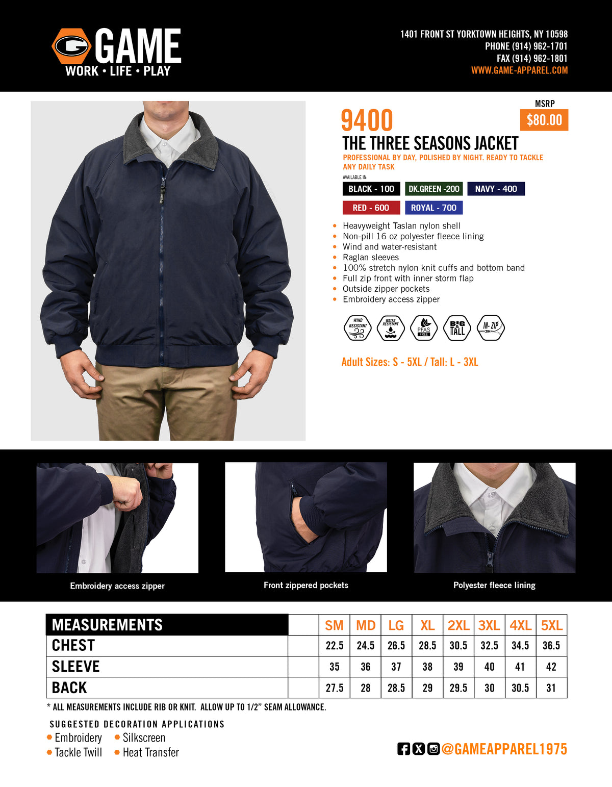 9400 - THE THREE SEASONS JACKET spec sheet