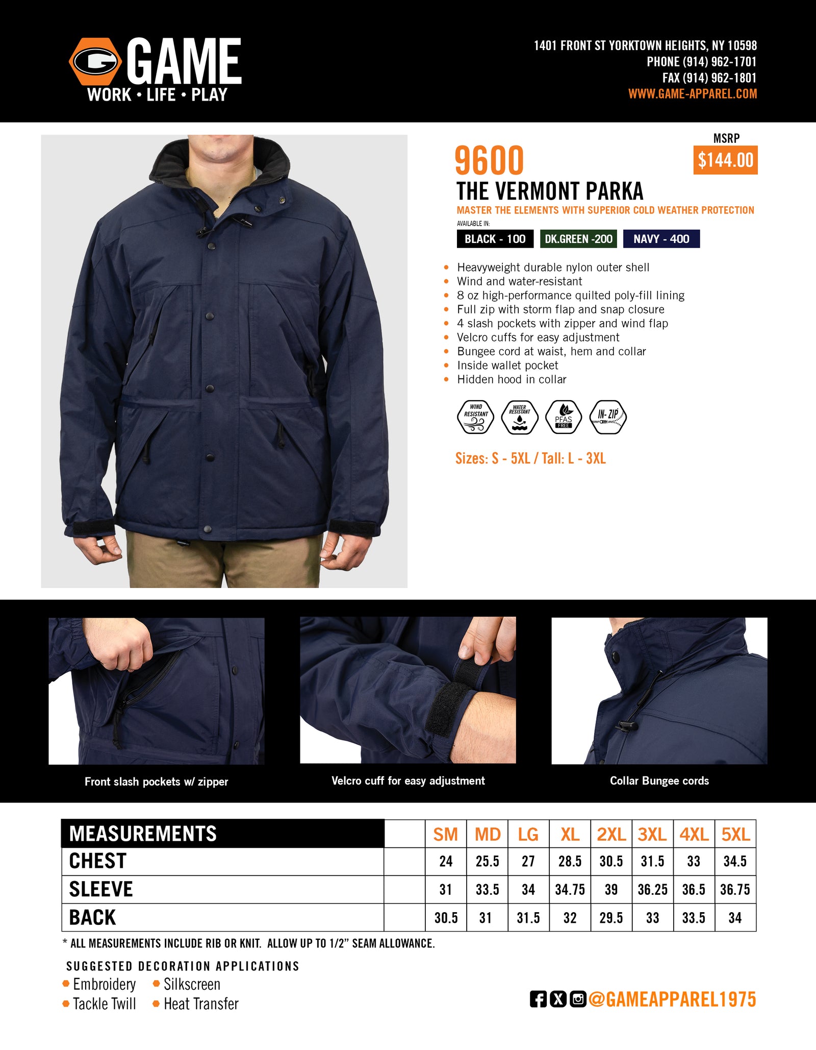 9600 - THE VERMONT PARKA spec sheet