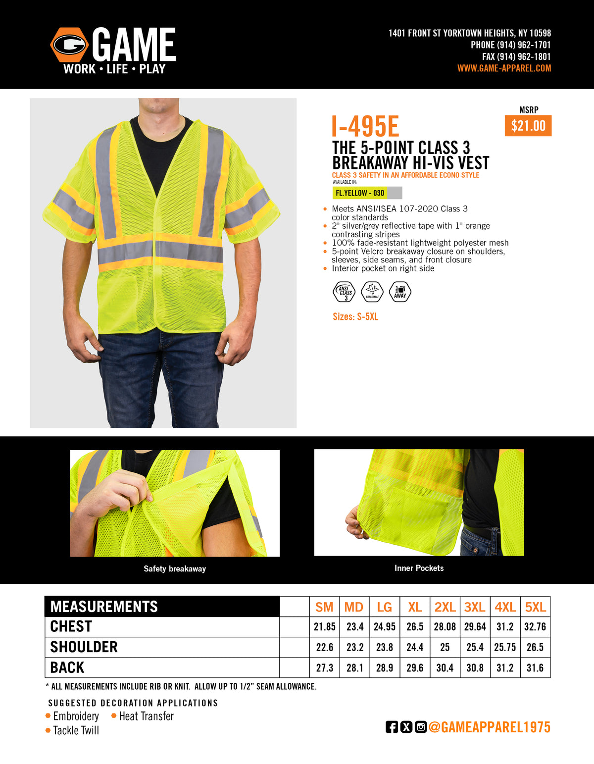 I-495E - THE 5 POINT CLASS 3 BREAKAWAY HI-VIS VEST spec sheet
