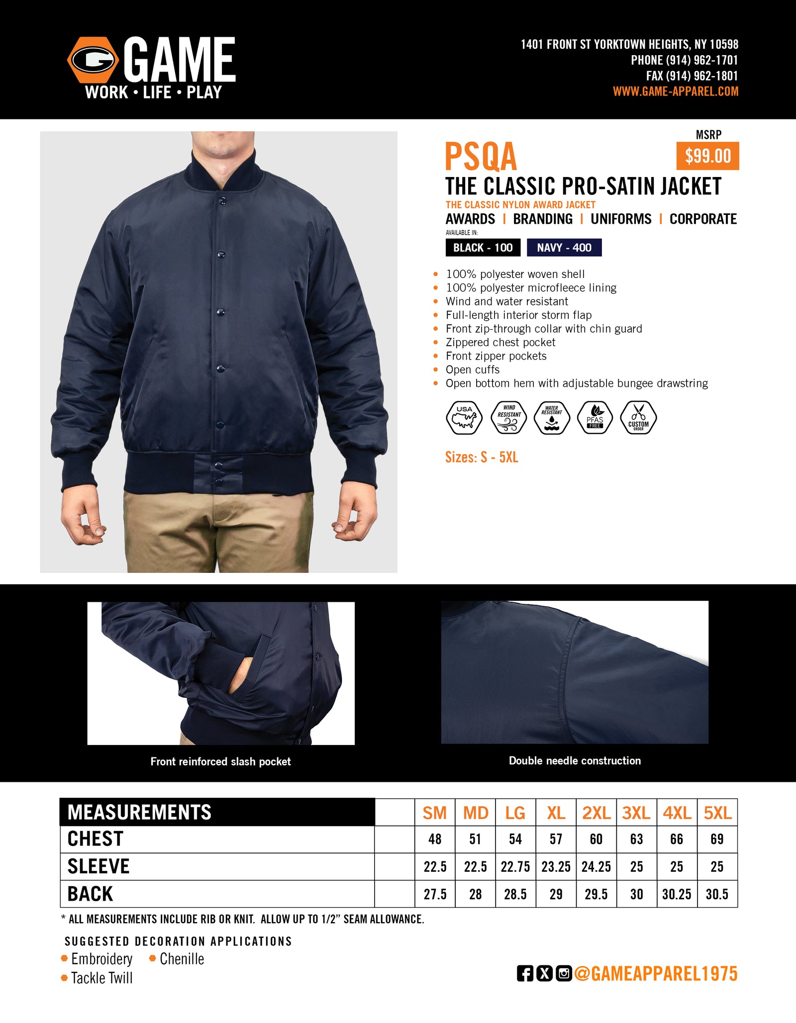 PSQA - THE GAME PRO-SATIN JACKET spec sheet