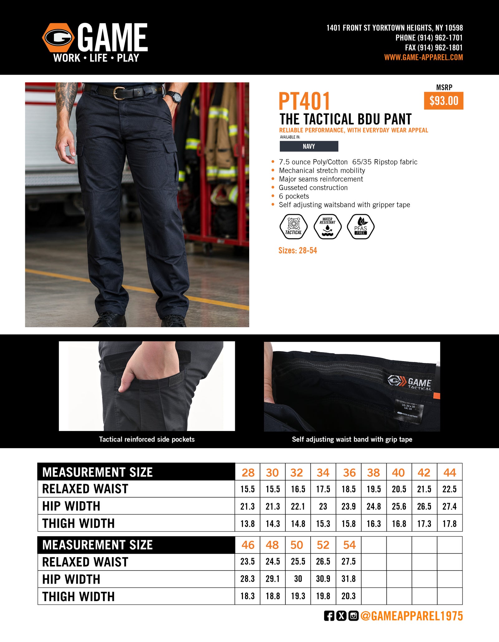 PT401 - THE TACTICAL BDU PANT spec sheet