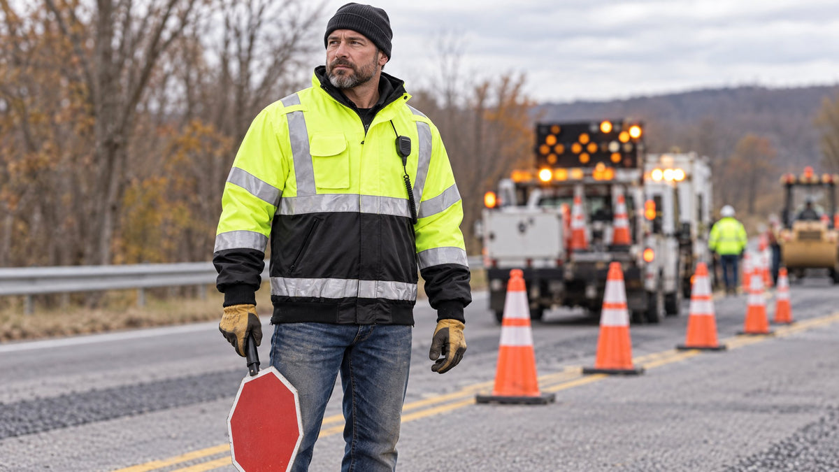 Road crew flagger wearing the GAME 1370 hi-vis bomber in a work zone